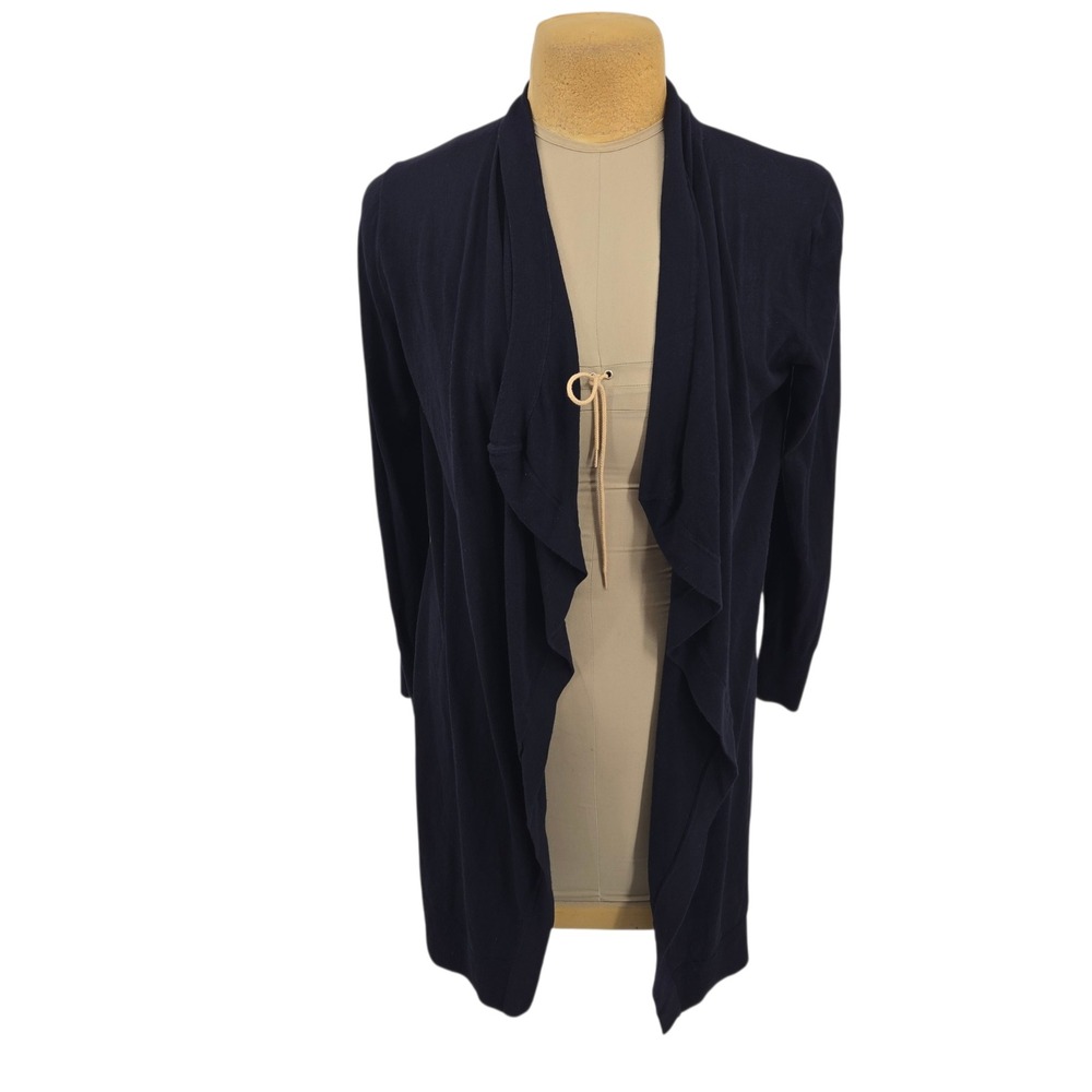 Lark & Ro Cardigan Sweater Women Large Navy Blue Open Front Draped Longline Knit